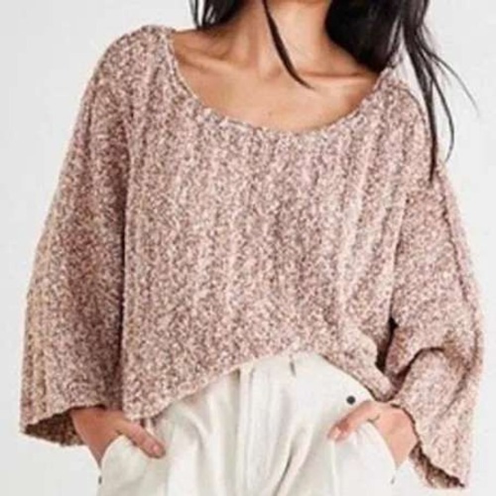 Free‎ People Sweater Womens M Pink Bouclé Knit Cropped Bell Sleeve Boho Pullover